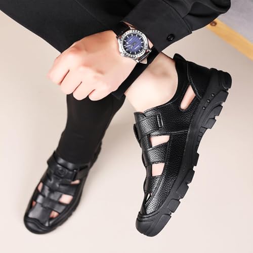 Image of Men's Genuine Leather Fisherman Sandals Closed Toe Anti-Slip Platform Adjustable Hook & Loop Strap Summer Hollow Sandals for Casual Outdoor Travel