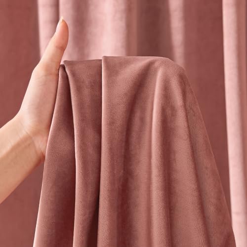 Image of Dusty Rose Velvet Curtains Privacy Soft Romantic 90 Inch 2 Panels | soft, block light, for bedroom living room, light shifting textured, luxury drape, cozy ambiance, rod pocket, back tab