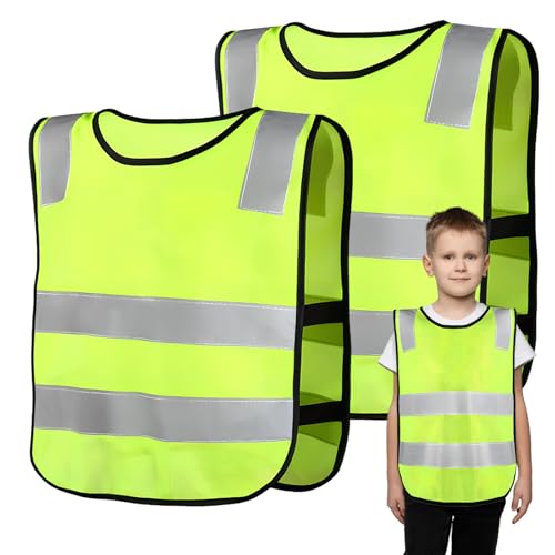 2 Pcs Chaleco Reflectante Niños 6-14 Años, Chalecos de Alta Visibilidad Transpirable Verde Naranja, Chalecos de Seguridad, Chaleco Fluorescente, Chaleco Reflector para Deportes Caminar (Verde)