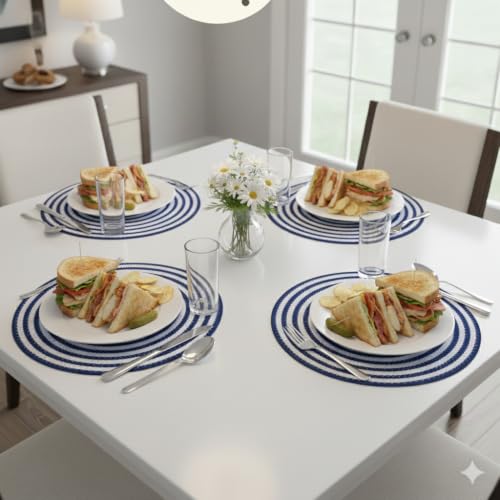 Image of Cotton Rope Placemats, Round Red with White Border, Set of 4, Heat Resistant Table Mats (Blue and White)