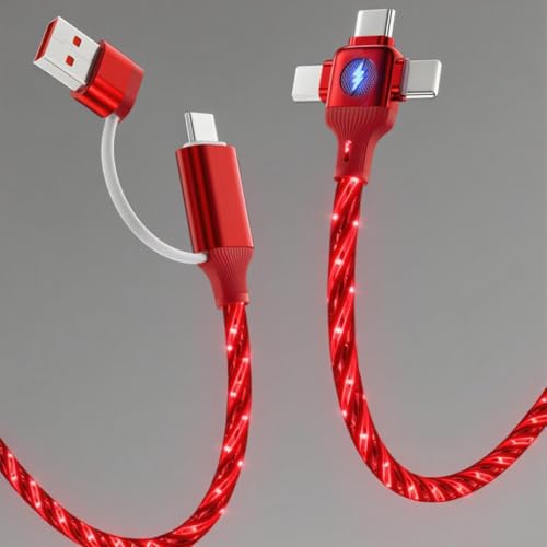 Image of IHAO Multi Ports Light-Up USB Cable USBA /USB C to USBC /MicroUSB Cable Durable Fast Charging Cable with Visible Current Flow As Night Light Use-6in1 Red
