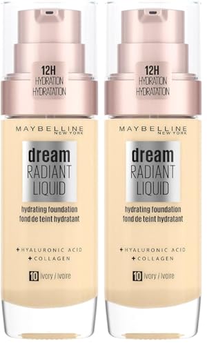 Maybelline New York Dream Radiant Liquid Tono 10 Ivory Base De Maquillaje Hidratante Con Ácido Hialurónico Y Cólageno, Para Pieles De Tono Claro - 30Ml (Paquete de 2)