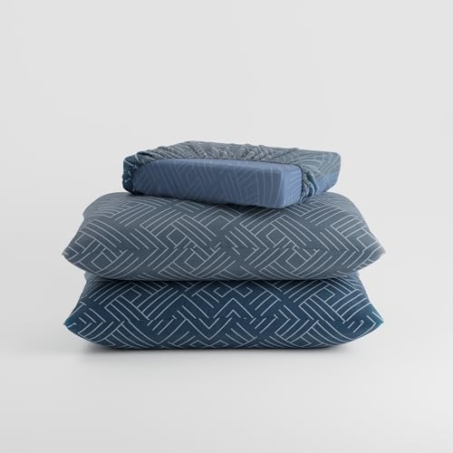 Image of BLISSHOME Everlast 150TC King Size Fitted Bedsheet with 2 Pillow Covers, Aesthetic Bedding, Wrinkle Resistant, 100+ Wash Durable, Quick Dry, Geometric Pattern - Teal (183cm x 198cm + 25cm Drop)