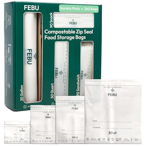 FEBU Compostable Food Storage Bags Variety Pack, 260 Count | Compostable & Biodegradable | PFAS & BPA Free, Non-Plastic | Drawer Organizer Box | 90 Snack, 90 Sandwich, 50 Quart, 30 Gallon