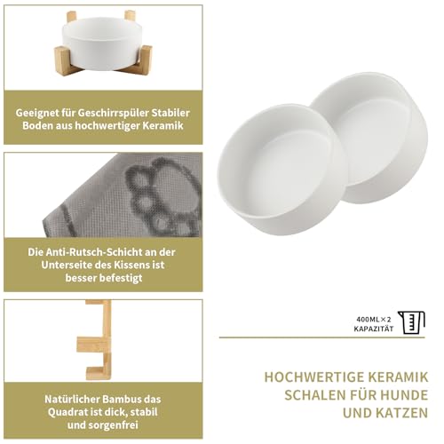 Vexillic Hundenapf Keramik, 400ML Doppel Futternapf Hund, Hundenapf Erhöht mit Bambus Ständer und Rutschfestem Matte für Kleine Bis Mittlere Hunde