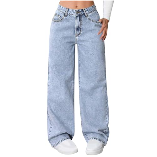HGps8w Versatile Wide Leg Jeans for Women High Waisted Loose Classic Washed Boyfried Denim Pants with Pockets
