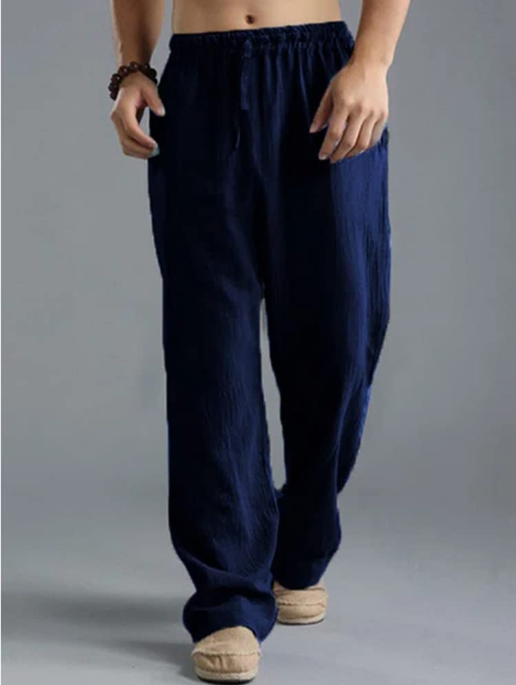 Men's Casual Linen Pants Elastic Waist Drawstring Lightweight Beach Summer Pants Straight-Legs Loose Trousers2