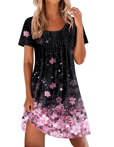 Image of Ekouaer Nightgowns for Women Pleated Sleep Shirts Short Sleeve Night Shirts Lace Trim Night Gown Ladies Sleep Dress