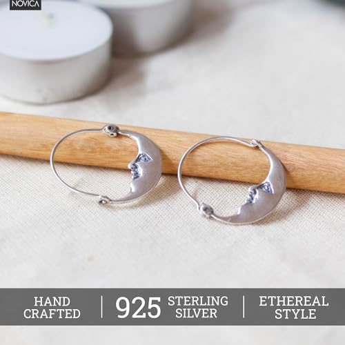 NOVICA Artisan Handcrafted Sterling Silver Hoop Earrings Vintage Style Crescent Moon Mexico Sun [1.1 in L x 1 in W] ' Moon at Rest'2