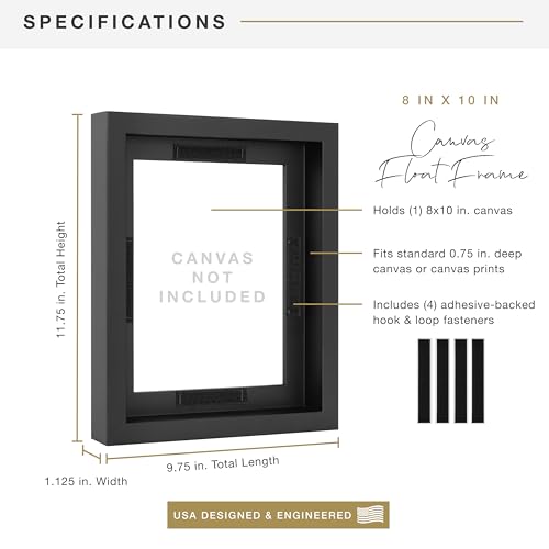 Image of MCS Canvas Float Frames 8x10 Frame, Black Frame for Finished Canvases, Vertical & Horizontal Wall Hanging Frame with Adhesive for Canvas Paintings (1-Pack)