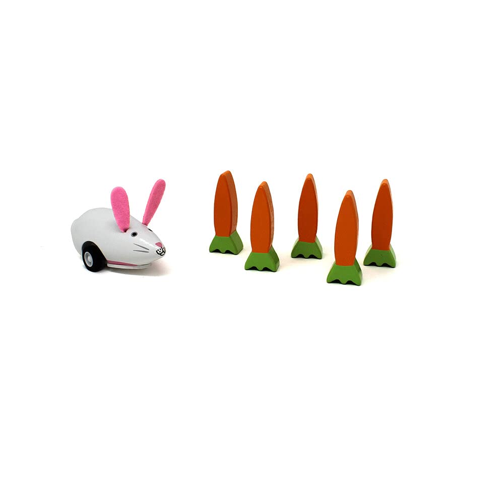 Jack Rabbit CreationsBunny & Carrots Bowling Game Rabbit Shaped Pull-Back Car and Garden Veggie Stacking Pins – Classic Wooden Toy – Develops Hand Eye Coordination & Motor Skills - Ages 3+ Years