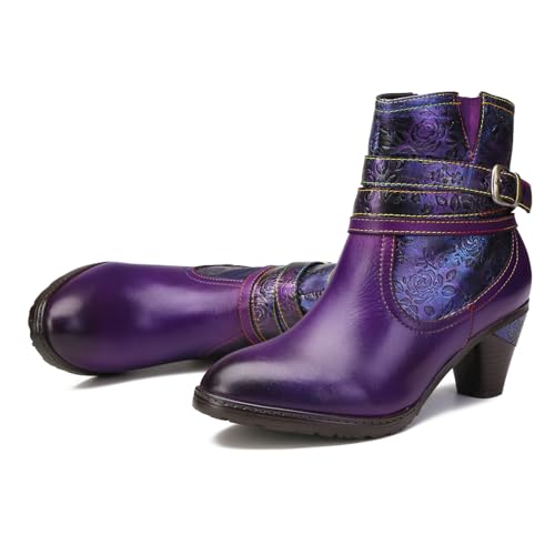 Superladystar's Handmade Floral Embossed Women's Ankle Boots, Mid Heels, Hand-Painted, Retro Style, Art Shoes3