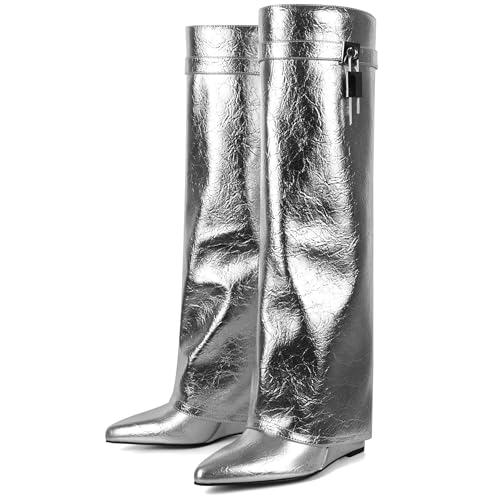 Women Wedge Heel Fold Pointy Pull-On Knee Shark Boot Wide Calf Padlock Boot4