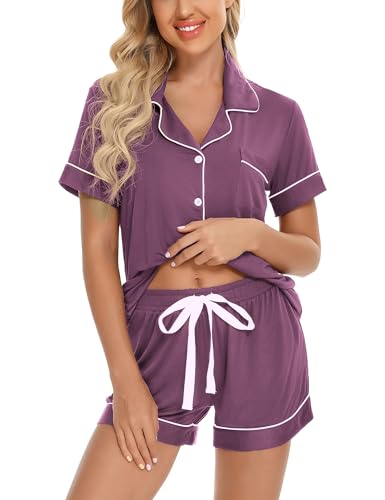 Image of Anjue Womens Pajamas Set Short Sleeve Sleepwear Button Down Nightwear Shorts Soft Pj Sets S-XXL