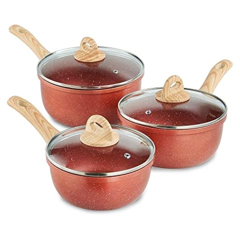 Sovereign Stone 3 Piece Saucepan Set - Copper Saucepans - Saucepan Sets, Pots and Pans Set, Induction Hob Pan Set, Sauce Pan Sets, Copper Pan Set (16cm, 18cm, 20cm) Cover
