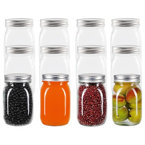 Hniuyun 12 Pack Glass Regular Mouth Mason Jars, Clear Glass Jars with Silver Metal Lids for Sealing, Food Storage, Overnight Oats, Dry Food, Snacks, Candies, DIY Projects (16 oz)