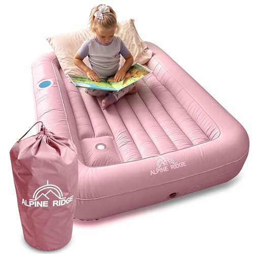 Alpine Ridge - Toddler Travel Bed with Safety Bumpers [4-Sided] | Portable Toddler Bed for Kids | Toddler Air Mattress | Kids Air Mattress with Built-in Foot Pump (Pink)