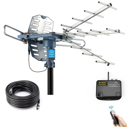 CeKay Motorized Outdoor HD TV Antenna, 360° Rotation with Remote, 150-Mile Long Range Amplified Digital Antenna for VHF/UHF, Supports 1080p/4K, Includes 40FT RG6 Coax Cable