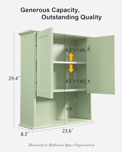 VIMYFAMY Bathroom Cabinet Wall Mount Buffering Hinge,23"x29" inch Over Toilet Storage Cabinet and Adjustable Shelves, Large Space Wooden Medicine Cabinet (Light Green) - Image 2