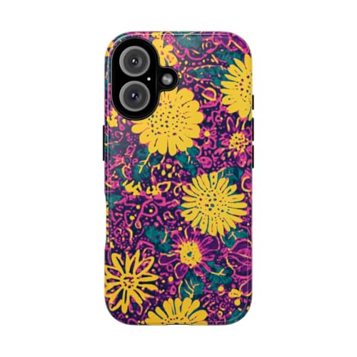 Coque rigide brillante motif floral jaune et violet premium pour iPhone 16