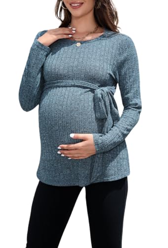 SISAY Ropa Premama Embarazada Otoño Invierno Camiseta Maternidad Sueter Embarazada Blusa con Cintura Anudada Jersey Basica tee Shirt Primavera Casual Sweatshirt Tunica Elegante Pullover Top Embarazo