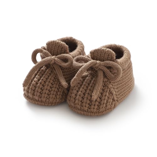 DovFanny Botines para bebé recién nacido, zapatos acogedores y cálidos de punto suave para niños y niñas, Marrón, 0-3 Meses