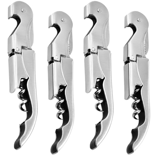 Abridor de Vino (Pack de 4) | Sacacorchos Profesional | Abrebotellas | Saca Rolhas de Acero Inoxidable | Abridor Botellas Vino Resistente (Plateado 4 unidades)