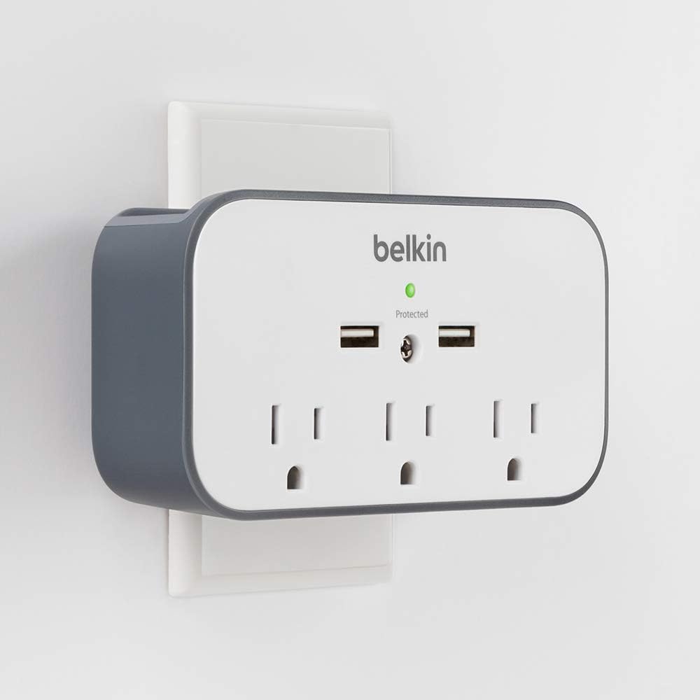 40% Off Discount Belkin Wall Mount Surge Protector - 3 AC Multiple Outlet Extender & 2 USB Ports - Flat Rotating Plug Wall Mount Cradle for Home, Office, Travel, Computer Desktop & Charging Brick (540 Joules)