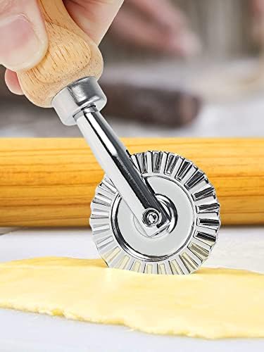 MLfire Pastry Wheel Cutter Aluminum Alloy Pastry Cutting Wheel with Ergonomic Wooden Handle Multipurpose Dough Cutting Roller for Baking Pastry Dumpling Wrapper Pizza Pasta(Short handle roller cutter)