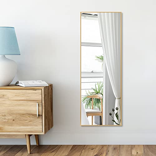 Image of NeuType 43 inchx16 inch Full Length Mirror with Standing Holder Aluminum Alloy Frame Floor Mirror Wall-Mounted Mirror for Living Room, Bedroom, Hanging or Leaning Against Wall, Golden (with Stand)