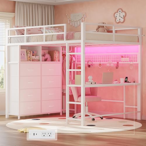 Image of ADORNEVE Loft Bed Full Size with Desk and 8 Storage Drawers, LED Metal Loft Bed with Power Outlet, 2 Shelves & Clothing Rack, Bed with Safety Guardrail & Ladder,Space-Saving, White
