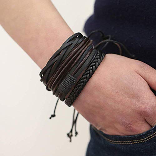 University Trendz Black Leather Handmade Woven Bracelet for Men & Women (Set of 4) (Black)