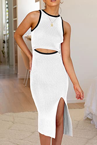 Image of PRETTYGARDEN Women's Summer Midi Bodycon Dresses Casual Crew Neck Side Slit Sleeveless Knit Cut Out Tank Top Dress