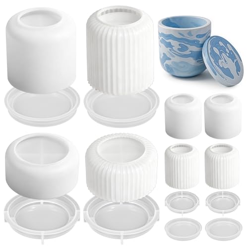 YBEATY 8 PCS Candle Jar Silicone Mold with Lid, Round Stripe Resin Molds Box Storage Bowl Creative Plant Flower Pot Vase Concrete Molds for Epoxy Jewelry Trinket Holder Organizer DIY Crafts Home Decor