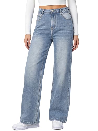 HDLTE Women Wide Leg Jeans Junior High Waist Baggy Jeans Loose Boyfriends Jeans Blue Washed