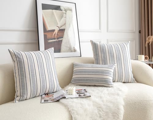 Cethom Decorative Boho Throw Pillow Covers, Farmhouse Textured Pillow Case, 22 x 22 Inch Set of 2, Chair Sofa Bedroom Living Room Home Decor Couch Cushion Case, Classic Blue and Beige Striped by Cethom - Used condition - Image 7