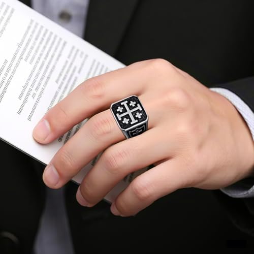 Jerusalem Cross Rings for Men,Mens Stainless Steel Christian Signet Ring,Vintage Silver Catholic Templar Ring in Size 9