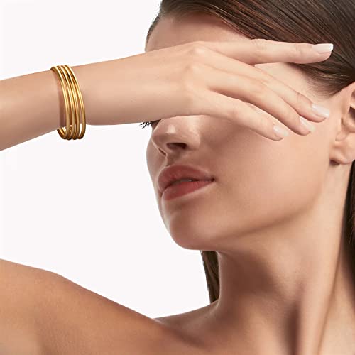 Burei 14K Gold Plated Bangle For Women Stackable Thin Round Bracelet Smooth Handmade Gold Bangle Bracelet Gift For Girls Ladies (4Pc Gold 4Mm, 7.7 Inch) #TOP1
