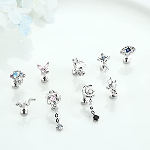 Ubgicig 16G Cartilage Earring For Women Men Dangle Screw Back Tragus Helix Conch Piercing Jewelry Flat Back Stud Earrings Cute Cz Dangle Snake Butterfly Moon Star Heart Evil Eye Dainty Earrings 9Pcs（Silver Tone） #TOP3