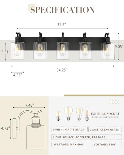 Image of 5 Light Bathroom Vanity Light, Black Light Fixture Morden Bathroom Lighting Fixtures Over Mirror Black Wall Sconces with Clear Glass Shade ZCVL01BK-5