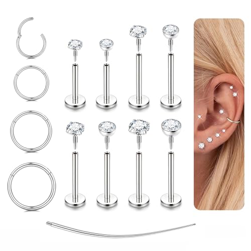 MILACOLATO Piercing Tragus Acero Quirurgico Pendientes Hipoalergenicos Helix Piercing Plata Oro CZ Cartílago Tragus Labret Piercings Nariz Mujer Labio Conch Pendientes Piercings 6/8/10/12mm-C