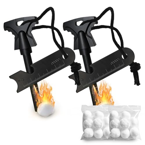 Vipuikos 2 Stück Feuerstein Survival - 6-in-1 Feuerstahl Outdoor - Magnesium Feuerstarter mit Feueranzünder mit 20 Wasserfeste Zunderkugeln und Stahlfeuerzünder für Camping Wandern Bushcraft