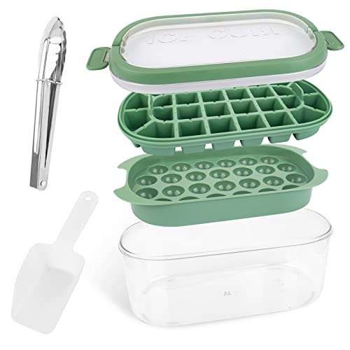 Ice Cube Tray Set with No-Spill Removable Lid and Bin for Freezer, Large Silicone Moulds Including 28 Square Ice Cubes 26 Round Ice Ball Maker Storage Container Scoop Clip