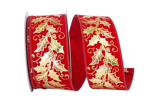 Reliant Ribbon 93988W-994-40H Holly Velvet Raised Metallic Leaves Wired Edge Ribbon, 2-1/2 Inch X 20 Yards, Red/Gold