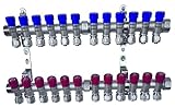 AQUA HEATING Wasserverteiler Set Verteiler Warmwasser Kaltwasser Trinkwasser Heizung Industrie Wasseranschluss Messing Vernickelt 1 Zoll 16x2 mm PEX 12 Wege Blau 12 Wege Rot