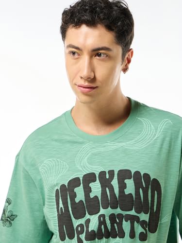 Image of Bewakoof Air 1.0 Men's Graphic Printed Oversized Fit Half Sleeve Round Neck Cotton Slub T-Shirt