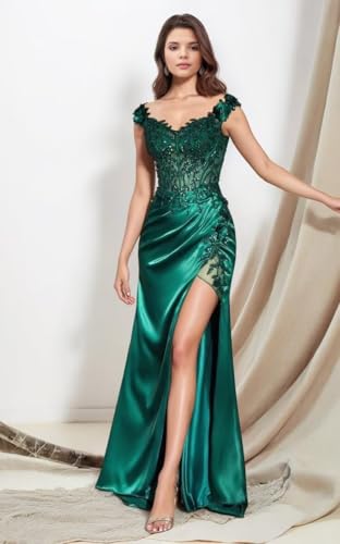Satin Prom Dresses for Women Long 2025 Mermaid Lace Applique Off Shoulder Formal Evening Party Gown with Slit3