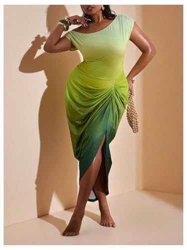 Image of Floerns Women's Plus Size Asymmetrical Neck Long Dress Ruched Slit Hem Cocktail Dress