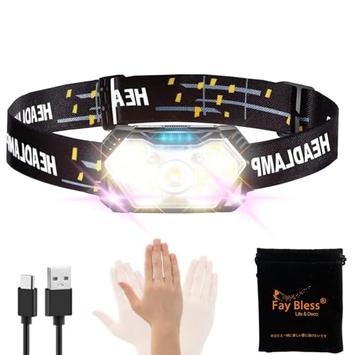 Fay Bless USB C Rechargeable LED Sensor Headlamp with Adjustable Angle (Black 9)