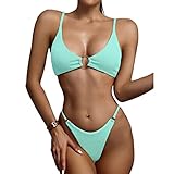 🏝️🍹Cierre: Poner. CheChury Mujeres Triángulo Bikinis Verano 2022 Sexy Cuello en V Profundo Color Sólido Bikini Brasileño Acolchados Tops con Anillo y Thong de Corte Alto Trajes de baño Dos Piezas